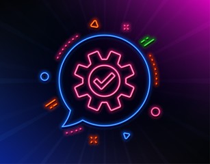 Cogwheel line icon. Neon laser lights. Approved Service sign. Transmission Rotation Mechanism symbol. Glow laser speech bubble. Neon lights chat bubble. Banner badge with service icon. Vector