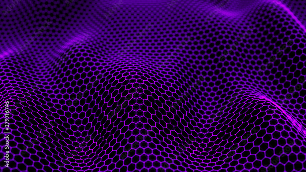 Poster abstract dynamic wave of connected dots and lines on dark background. wave of bright particles. digi