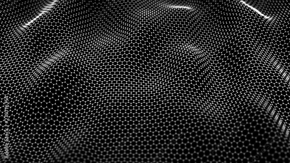 Poster abstract dynamic wave of connected dots and lines on dark background. wave of bright particles. digi
