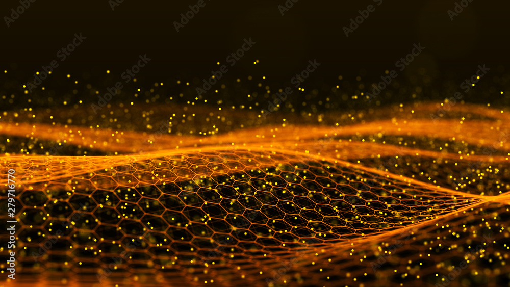 Poster abstract dynamic wave of connected dots and lines on dark background. wave of bright particles. digi