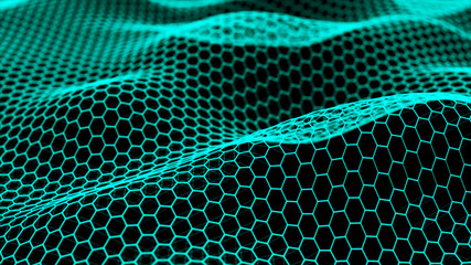 Abstract dynamic wave of connected lines on dark background. Wave of bright lines. Digital technology background. Big data. 4K illustration. 3d rendering.