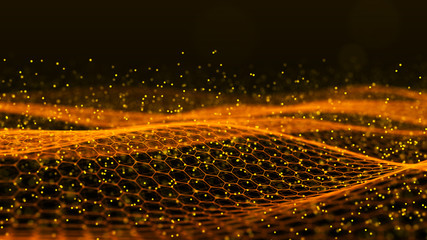Abstract dynamic wave of connected dots and lines on dark background. Wave of bright particles. Digital technology background. Big data. 4K illustration. 3d rendering.