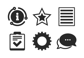 Checklist and cogwheel gear sign symbols. Chat, info sign. Star favorite and menu list icons. Classic style speech bubble icon. Vector