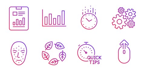 Time, Column chart and Organic tested line icons set. Cogwheel, Face biometrics and Report document signs. Quick tips, Swipe up symbols. Clock, Financial graph. Science set. Gradient time icon. Vector