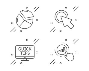 Click here, Pie chart and Web tutorials line icons set. Graph chart sign. Push button, Presentation graph, Quick tips. Get report. Science set. Line click here outline icon. Vector
