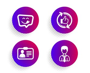Yummy smile, Refresh like and Id card icons simple set. Halftone dots button. Businessman sign. Emoticon, Thumbs up counter, Human document. User data. People set. Vector