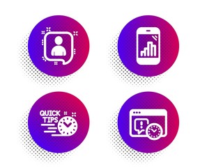 Quick tips, Developers chat and Graph phone icons simple set. Halftone dots button. Project deadline sign. Helpful tricks, Manager talk, Mobile statistics. Time management. Education set. Vector