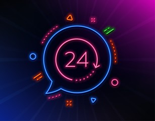 24 hours time line icon. Neon laser lights. Clock sign. Watch symbol. Glow laser speech bubble. Neon lights chat bubble. Banner badge with 24 hours icon. Vector