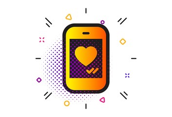 Social media like sign. Halftone circles pattern. Phone with heart icon. Smartphone Love message symbol. Classic flat love chat icon. Vector