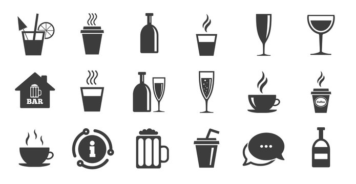 Set of Drinks, Beer and Cocktails icons. Information, chat bubble icon. Coffee, Tea and Alcohol drinks. Wine bottle, Glass and Bar symbols. Quality set. Vector