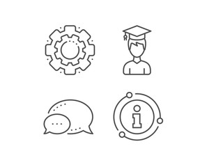 Man in Graduation cap line icon. Chat bubble, info sign elements. Education sign. Student hat symbol. Linear student outline icon. Information bubble. Vector