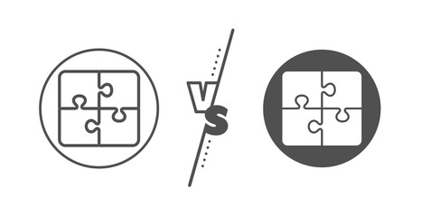 Engineering strategy sign. Versus concept. Puzzle line icon. Line vs classic puzzle icon. Vector