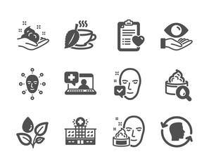 Set of Healthcare icons, such as Health eye, Skin care, Moisturizing cream, Face accepted, Face biometrics, Medical help, Plants watering, Mint tea, Patient history, Hospital building. Vector