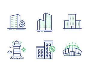 University campus, Lighthouse and Skyscraper buildings line icons set. Buildings, Loan house and Arena stadium signs. Town building, Beacon tower, Town architecture. City architecture. Vector