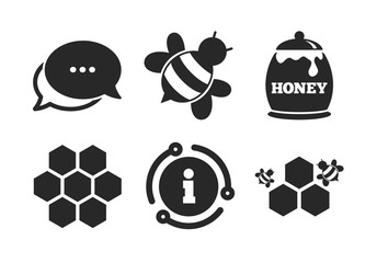 Honeycomb cells with bees symbol. Chat, info sign. Honey icon. Sweet natural food signs. Classic style speech bubble icon. Vector