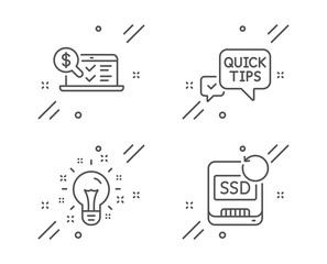 Online accounting, Quick tips and Idea line icons set. Recovery ssd sign. Web audit, Helpful tricks, Creativity. Backup info. Education set. Line online accounting outline icon. Vector