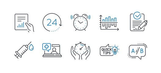 Set of Science icons, such as Education idea, Medical help, Document, Timer, Medical syringe, Alarm clock, Diagram chart, Rfp, 24 hours, Ab testing line icons. Quick tips, Medicine laptop. Vector