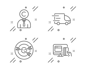 Copyrighter, Targeting and Truck delivery line icons set. Online payment sign. Writer person, Target with arrows, Express service. Money. Business set. Line copyrighter outline icon. Vector