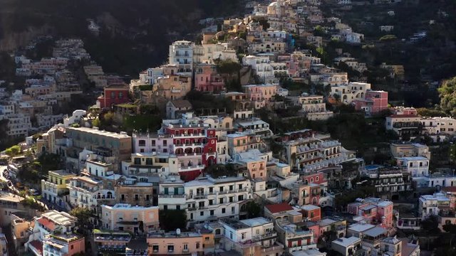 View at colorful houses on hills in Positano town in Italy