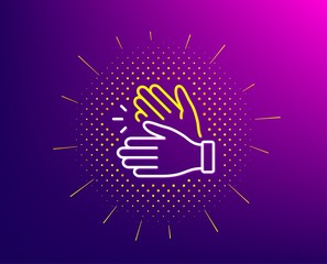 Clapping hands line icon. Halftone pattern. Clap sign. Victory gesture symbol. Gradient background. Clapping hands line icon. Yellow halftone pattern. Vector