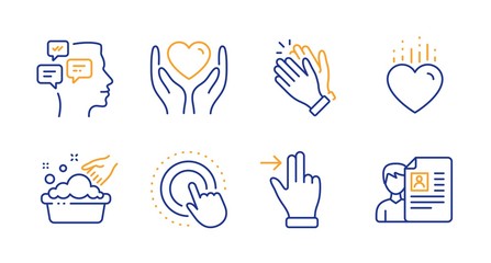 Heart, Messages and Touchscreen gesture line icons set. Hold heart, Hand washing and Clapping hands signs. Click hand, Job interview symbols. Love, Notifications. People set. Line heart icon. Vector