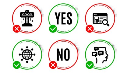 Website search, Attraction and International globe icons simple set. Yes no check box. Messages sign. Find internet, Free fall, World networking. Notifications. Technology set. Vector