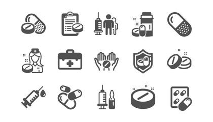 Medical drugs icons. Healthcare, Prescription and Pill signs. Pharmacy drugs, recipe pill icons. Antibiotic capsule, syringe vaccination. Classic set. Quality set. Vector
