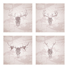 Fototapeta premium Vector set of four illustrations with silhouettes skulls roe deer, moose and stag on vintage background. Sketch in beige color.