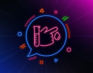 Blood donation line icon. Neon laser lights. Medical analyzes sign. Pharmacy medication symbol. Glow laser speech bubble. Neon lights chat bubble. Banner badge with blood donation icon. Vector