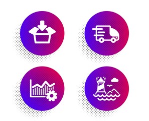 Truck delivery, Operational excellence and Get box icons simple set. Halftone dots button. Lighthouse sign. Express service, Corporate business, Send package. Navigation beacon. Industrial set. Vector