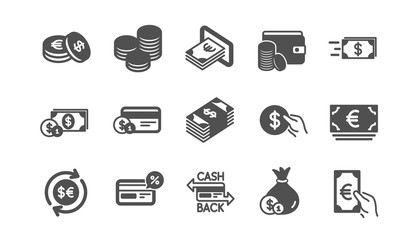 Money and payment icons. Cash, Wallet and Coins. Account cashback classic icon set. Quality set. Vector