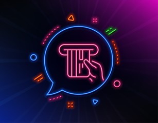 Credit card line icon. Neon laser lights. Hold Banking Payment card sign. ATM service symbol. Glow laser speech bubble. Neon lights chat bubble. Banner badge with credit card icon. Vector