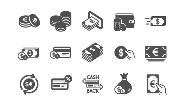 Money and payment icons. Cash, Wallet and Coins. Account cashback classic icon set. Quality set. Vector