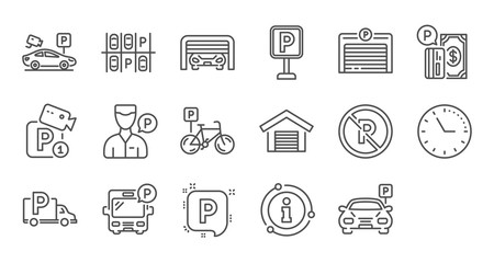 Parking line icons. Garage, Valet servant and Paid parking. Car transport park place linear icon set. Quality line set. Vector