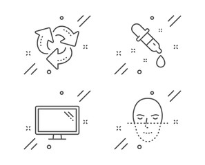 Monitor, Recycle and Chemistry pipette line icons set. Face recognition sign. Computer component, Recycling waste, Laboratory. Faces biometrics. Technology set. Line monitor outline icon. Vector