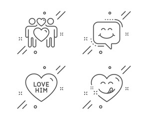 Love him, Love couple and Smile chat line icons set. Yummy smile sign. Sweetheart, Lovers, Happy face. Comic heart. Holidays set. Line love him outline icon. Vector