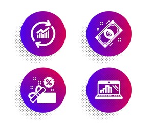 Sale, Euro money and Update data icons simple set. Halftone dots button. Graph laptop sign. Gift box, Cash, Sales statistics. Mobile report. Finance set. Classic flat sale icon. Vector