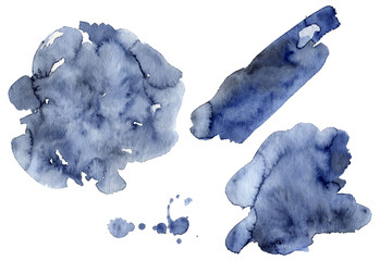 Watercolor blue indigo navy stains splashes paint drops on white isolated background - 279723342