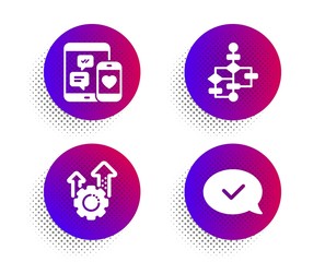 Seo gear, Block diagram and Social media icons simple set. Halftone dots button. Approved message sign. Cogwheel, Algorithm path, Mobile devices. Accepted chat. Business set. Vector