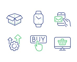Open box, Seo gear and Messenger mail line icons set. Smartwatch, Buying and Web shop signs. Delivery package, Cogwheel, New e-mail. Digital time. Technology set. Line open box outline icons. Vector