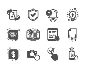 Set of Education icons, such as Time management, Phone payment, Recovery file, Technical algorithm, Payment message, Internet report, Checkbox, Recovery photo, Quick tips, Inspiration. Vector