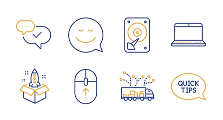 Startup, Swipe up and Hdd line icons set. Smile, Notebook and Truck delivery signs. Approved, Quickstart guide symbols. Innovation, Scrolling page. Technology set. Line startup icon. Vector
