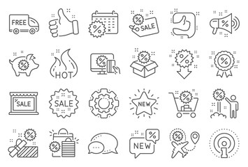 Discount line icons. Set of Shopping, Sale and New icons. Free delivery, Flight sale and Black friday discount. Hot offer, Airplane and new store. Online shopping. Black friday clearance. Vector