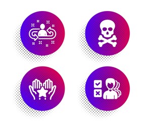 Recruitment, Chemical hazard and Ranking icons simple set. Halftone dots button. Opinion sign. Manager change, Toxic death, Hold star. Choose answer. Education set. Vector