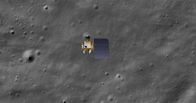 Top-down view of LRO positioning itself for a data gathering pass above Harpalus Crater, Sinus Roris. Elements of this image furnished by NASA