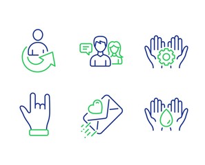 Employee hand, Horns hand and People talking line icons set. Love letter, Share and Safe water signs. Work gear, Gesture palm, Contact service. Heart. People set. Vector