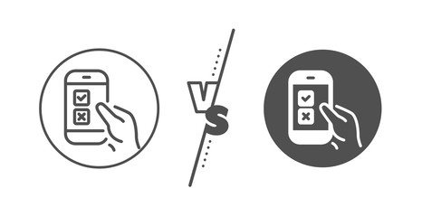 Select answer sign. Versus concept. Mobile survey line icon. Business interview symbol. Line vs classic mobile survey icon. Vector