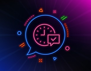 Time line icon. Neon laser lights. Select alarm sign. Glow laser speech bubble. Neon lights chat bubble. Banner badge with select alarm icon. Vector