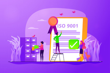 Good manufacturing practice. Stamp of approval. Quality management. Standard for quality control, ISO 9001 standard, international certification concept. Vector isolated concept creative illustration