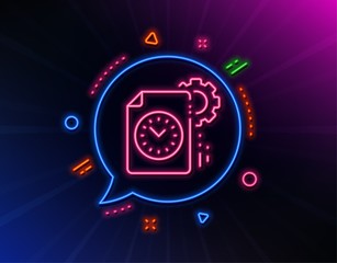 Project deadline line icon. Neon laser lights. Time management sign. File with gear symbol. Glow laser speech bubble. Neon lights chat bubble. Banner badge with project deadline icon. Vector